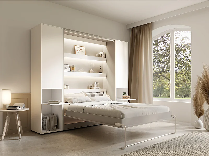 Lit escamotable vertical 140 x 200 cm - 2 colonnes de rangement - Avec LEDs - Beige + Matelas - RAPILI