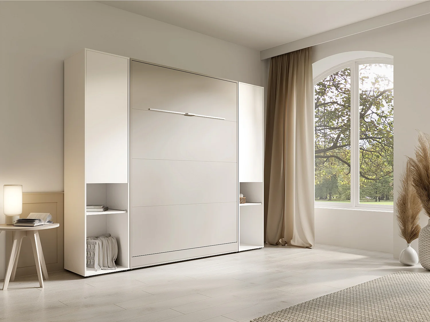 Lit escamotable vertical 160 x 200 cm - 2 colonnes de rangement - Avec LEDs - Beige - RAPILI