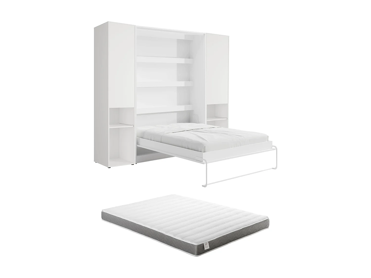 Lit escamotable vertical 160 x 200 cm - 2 colonnes de rangement - Avec LEDs - Blanc + Matelas - RAPILI