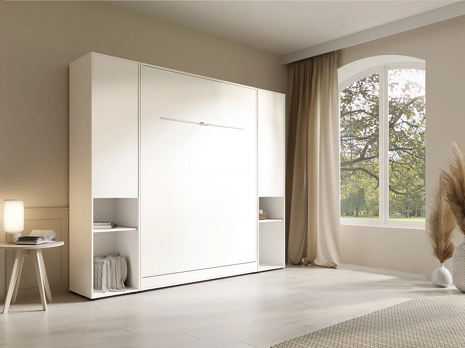 Lit escamotable vertical 160 x 200 cm - 2 colonnes de rangement - Avec LEDs - Blanc + Matelas - RAPILI