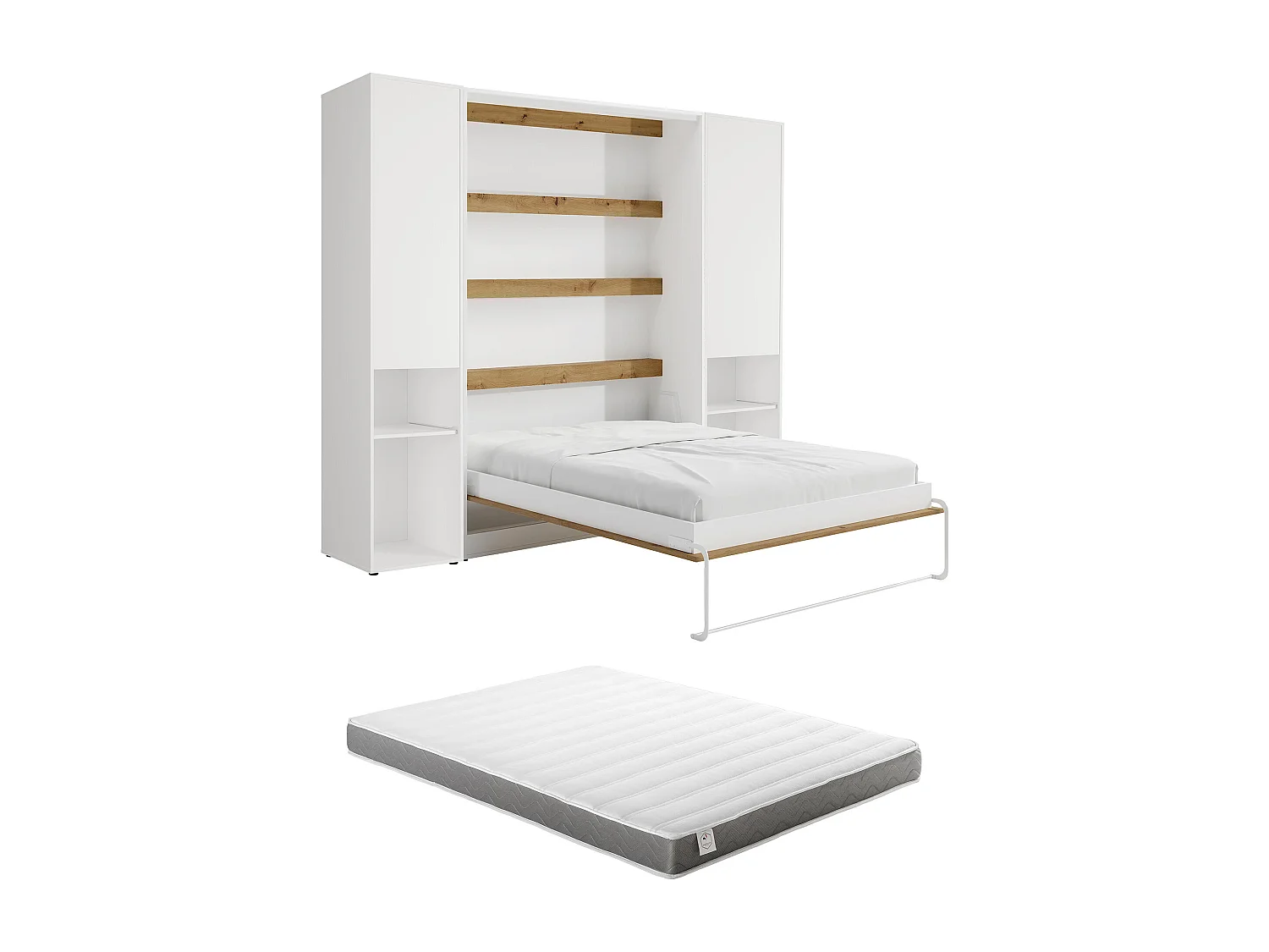 Lit escamotable vertical 160 x 200 cm - 2 colonnes de rangement - Avec LEDs - Blanc et naturel + Matelas - RAPILI