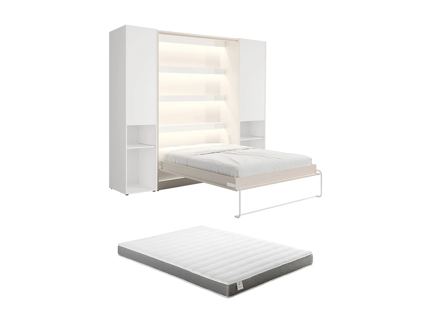 Lit escamotable vertical 160 x 200 cm - 2 colonnes de rangement - Avec LEDs - Beige + Matelas - RAPILI