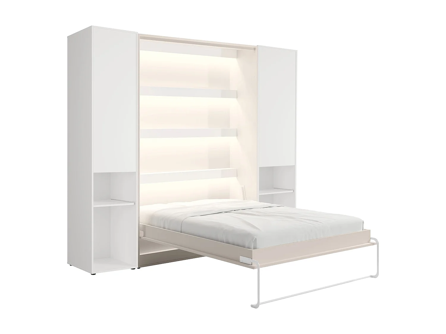 Lit escamotable vertical 160 x 200 cm - 2 colonnes de rangement - Avec LEDs - Beige + Matelas - RAPILI