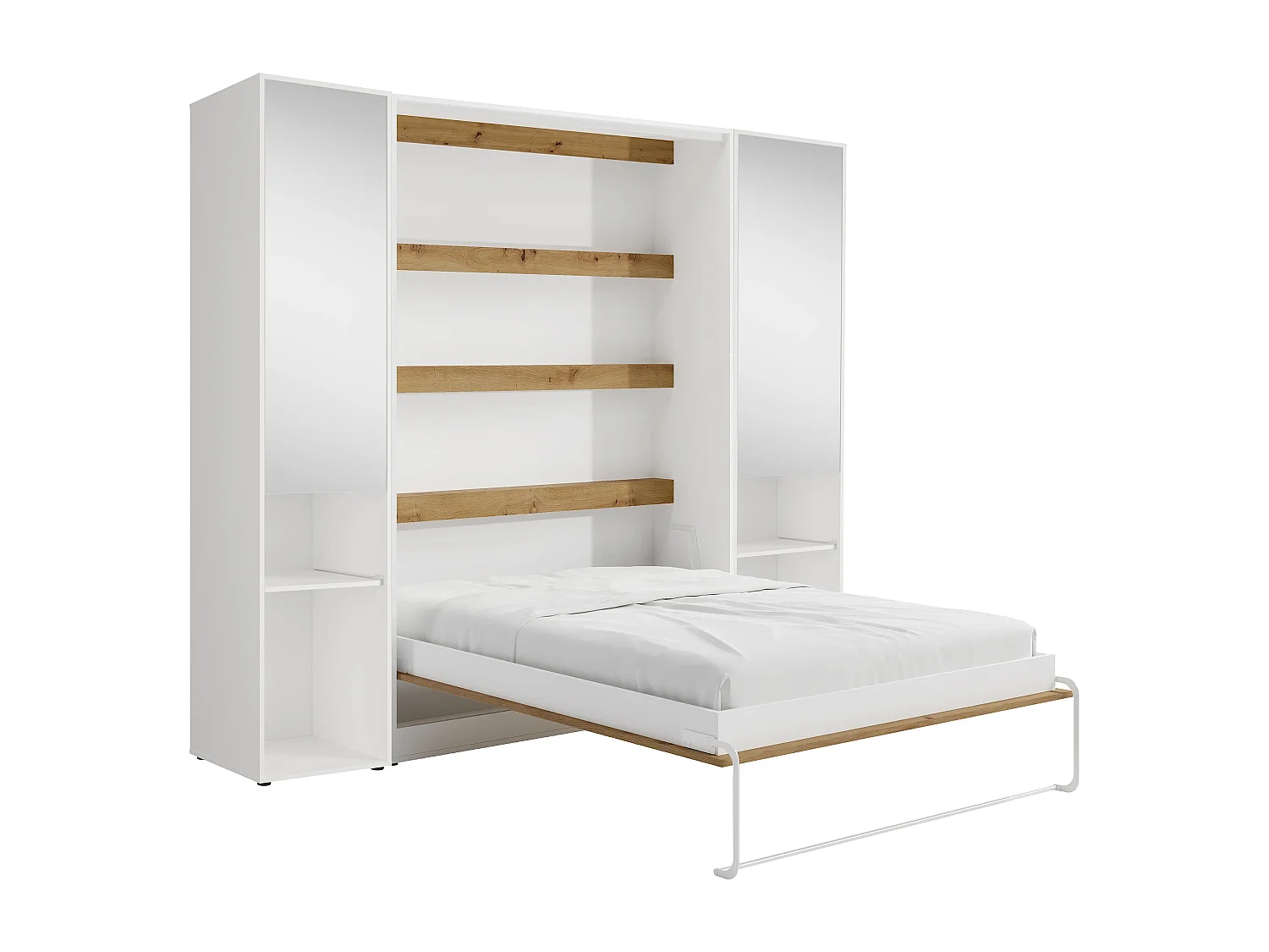 Lit escamotable vertical 140 x 200 cm - 2 colonnes de rangement - Avec miroirs et LEDs - Blanc et naturel - RAPILI