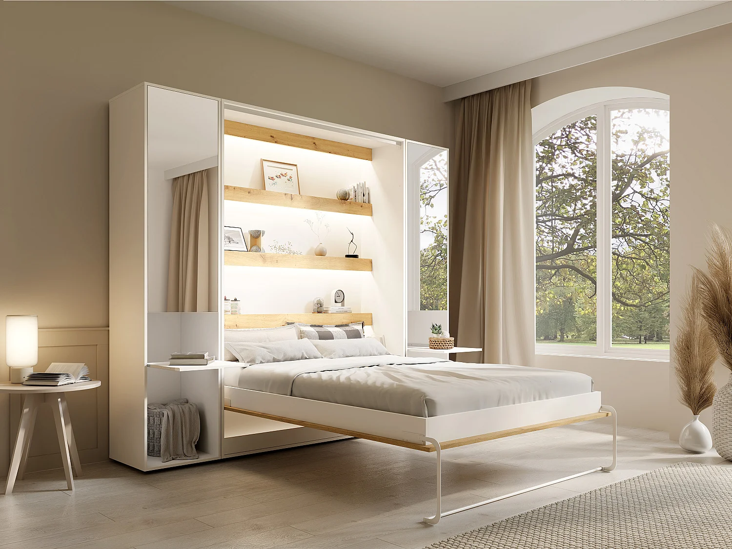 Lit escamotable vertical 140 x 200 cm - 2 colonnes de rangement - Avec miroirs et LEDs - Blanc et naturel - RAPILI