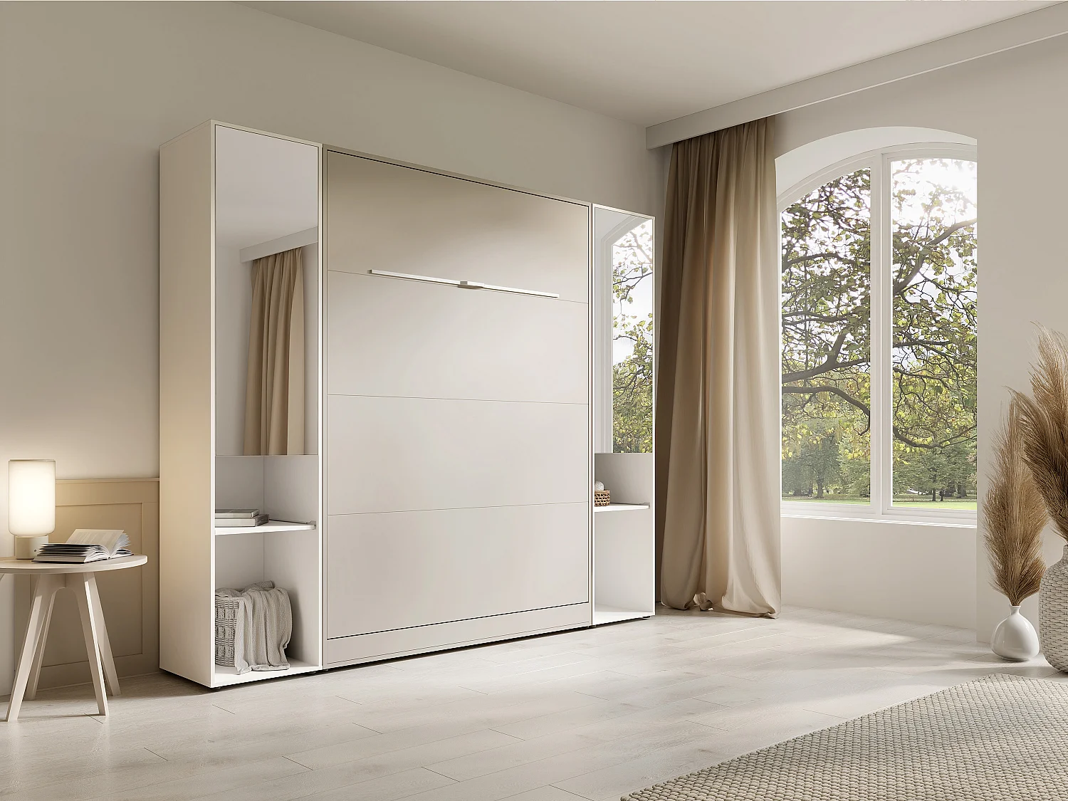 Lit escamotable vertical 140 x 200 cm - 2 colonnes de rangement - Avec miroirs et LEDs - Beige - RAPILI