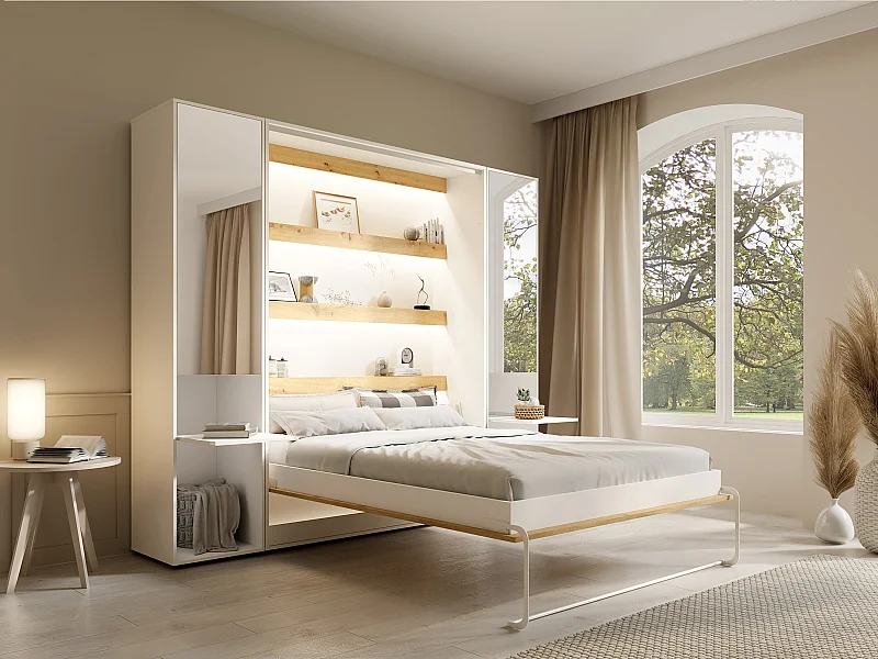 Lit escamotable vertical 140 x 200 cm - 2 colonnes de rangement - Avec miroirs et LEDs - Blanc et naturel + Matelas - RAPILI