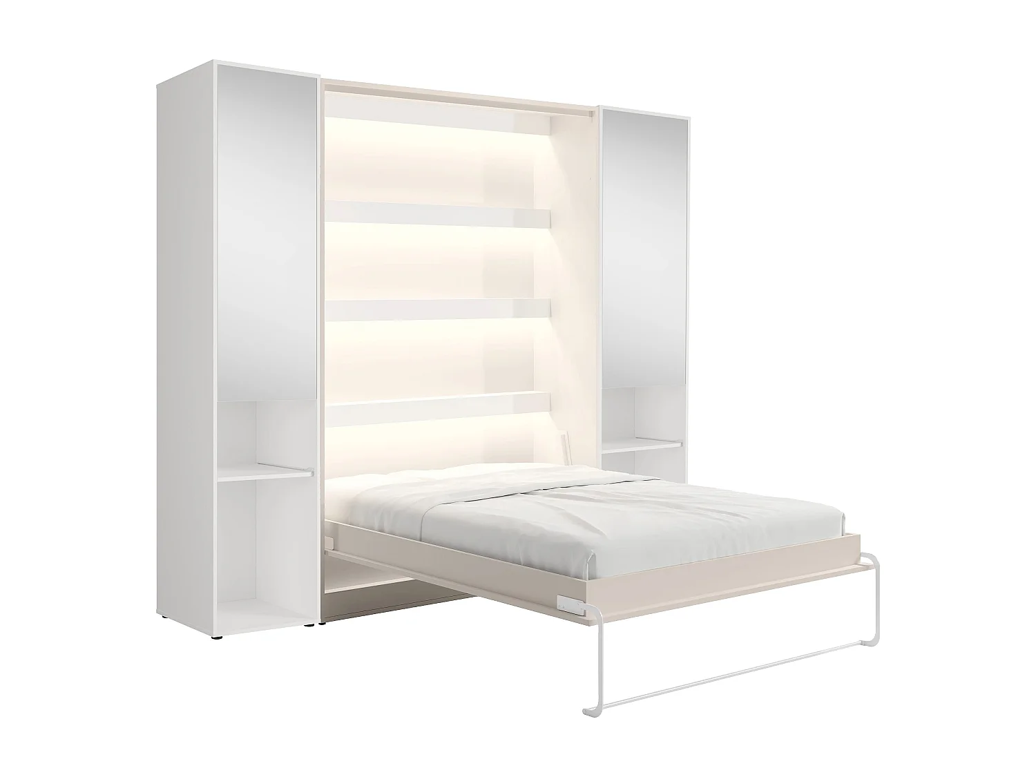 Lit escamotable vertical 140 x 200 cm - 2 colonnes de rangement - Avec miroirs et LEDs - Beige + Matelas - RAPILI