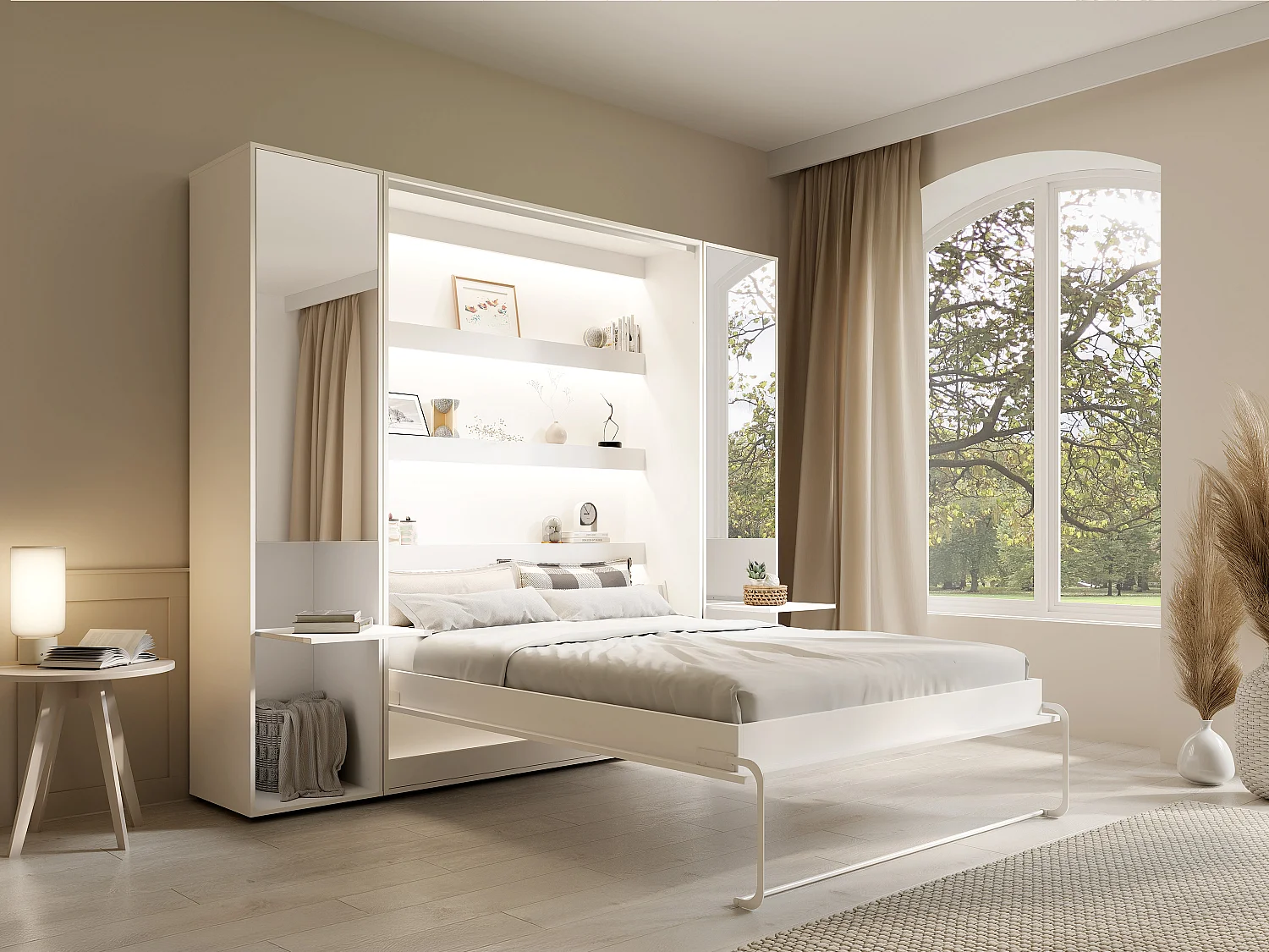 Lit escamotable vertical 160 x 200 cm - 2 colonnes de rangement - Avec miroirs et LEDs - Blanc - RAPILI