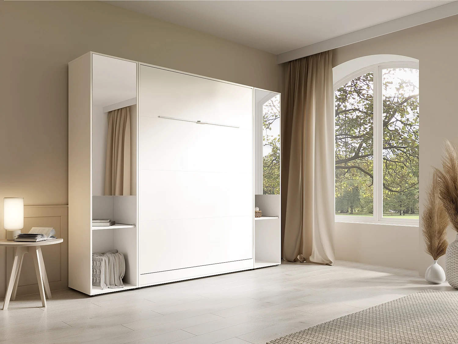 Lit escamotable vertical 160 x 200 cm - 2 colonnes de rangement - Avec miroirs et LEDs - Blanc - RAPILI