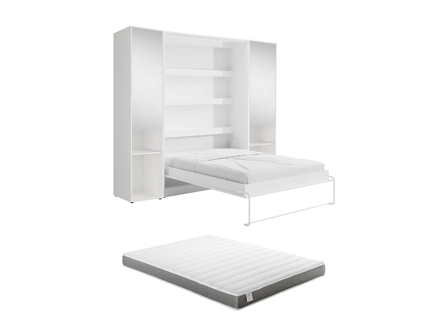 Lit escamotable vertical 160 x 200 cm - 2 colonnes de rangement - Avec miroirs et LEDs - Blanc + Matelas - RAPILI
