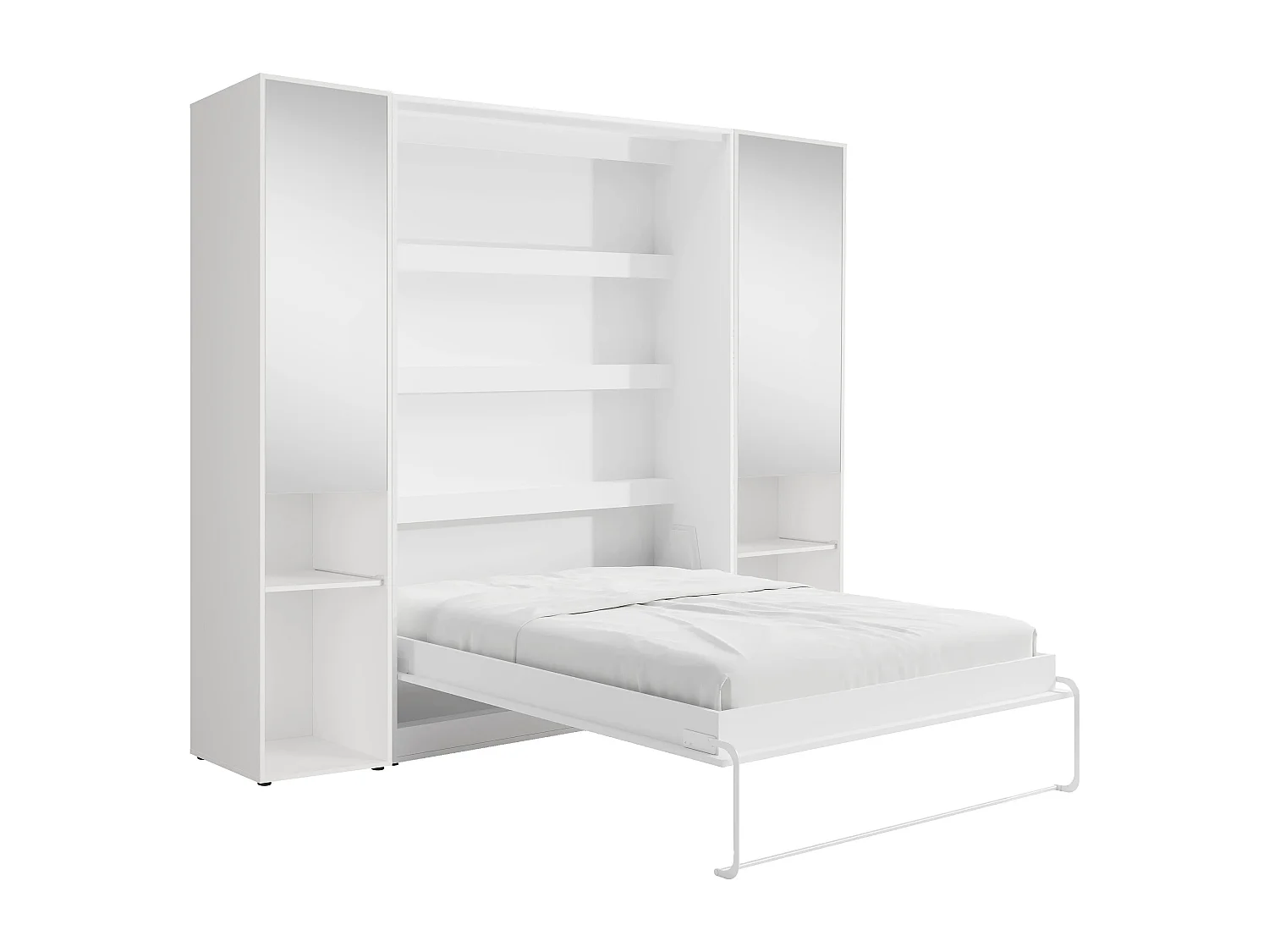 Lit escamotable vertical 160 x 200 cm - 2 colonnes de rangement - Avec miroirs et LEDs - Blanc + Matelas - RAPILI