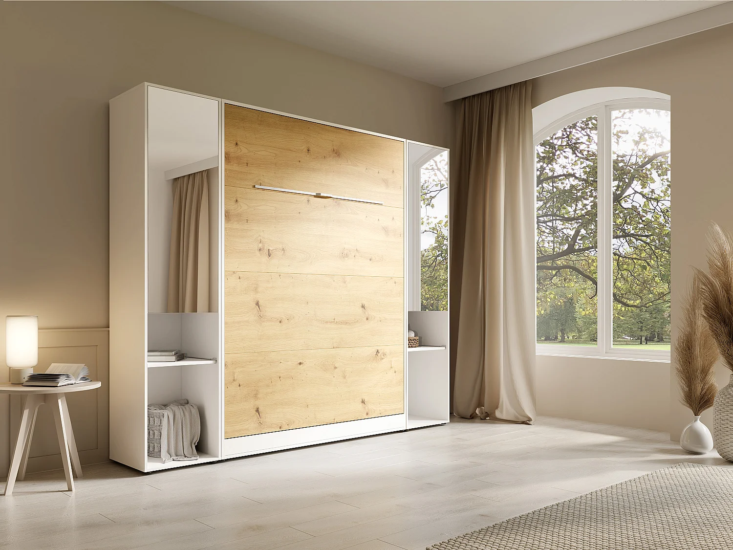 Lit escamotable vertical 160 x 200 cm - 2 colonnes de rangement - Avec miroirs et LEDs - Blanc et naturel + Matelas - RAPILI