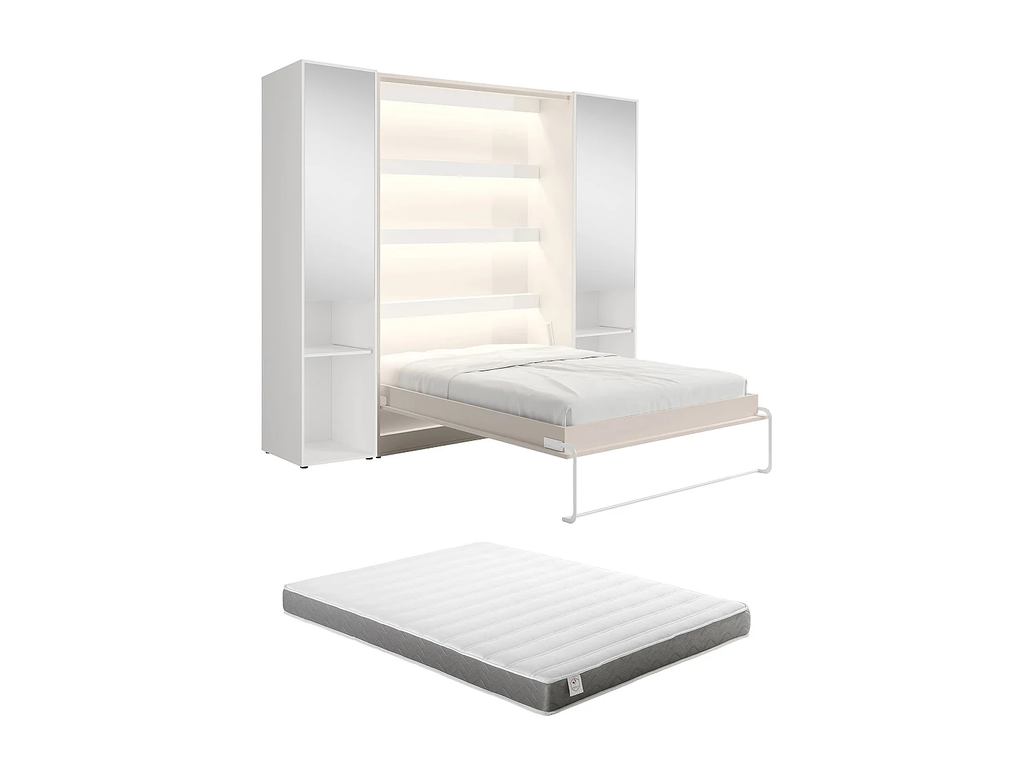 Lit escamotable vertical 160 x 200 cm - 2 colonnes de rangement - Avec miroirs et LEDs - Beige + Matelas - RAPILI