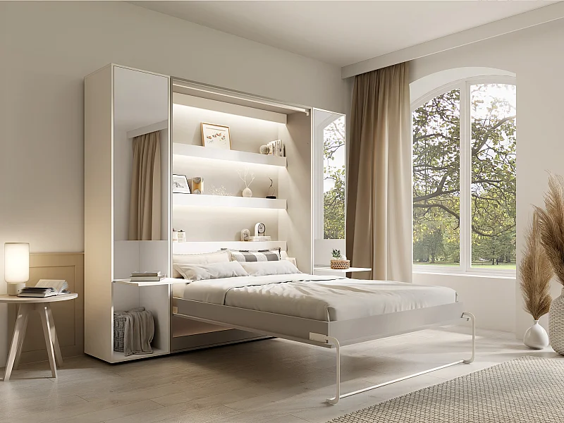 Lit escamotable vertical 160 x 200 cm - 2 colonnes de rangement - Avec miroirs et LEDs - Beige + Matelas - RAPILI