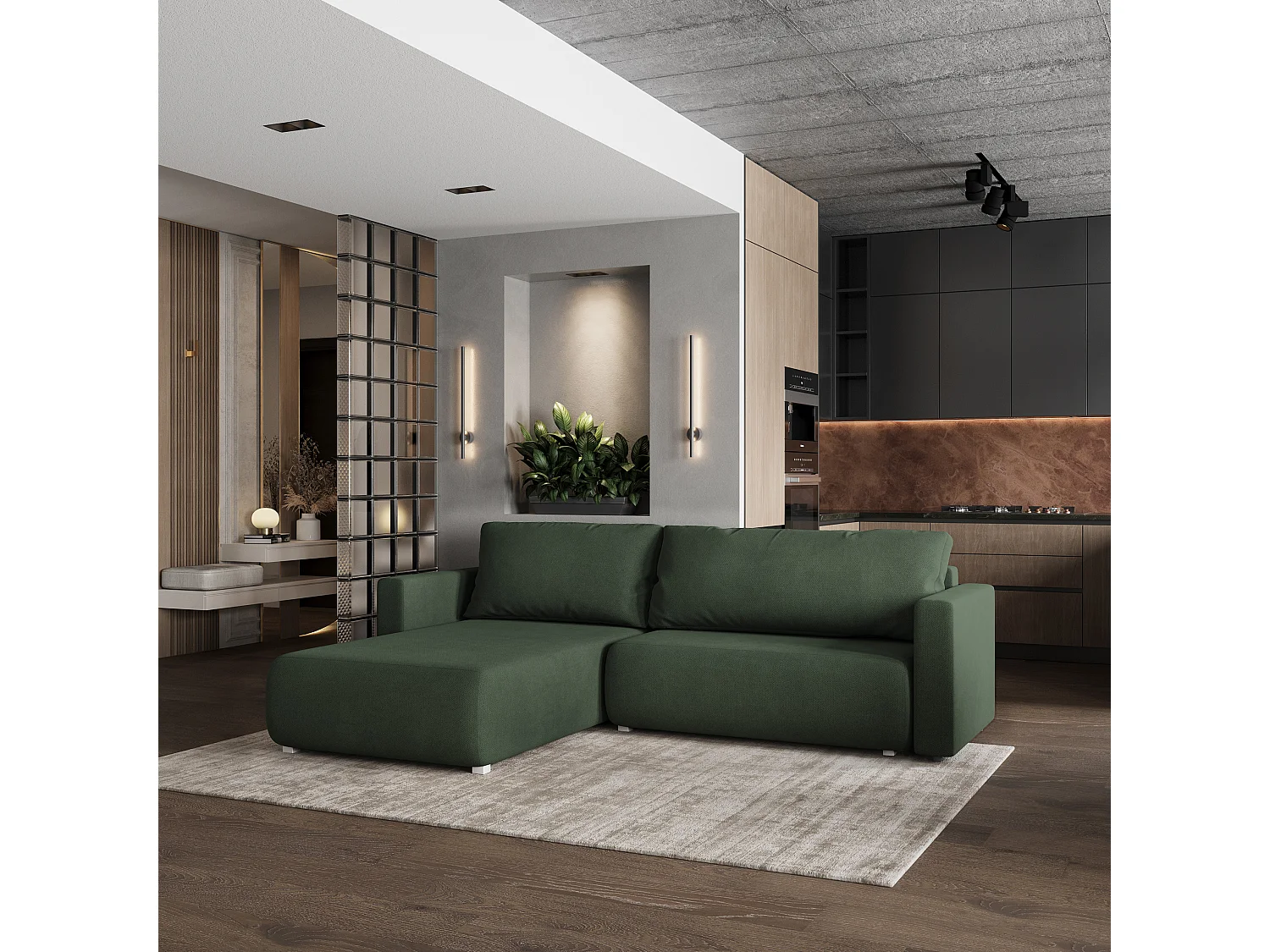Hoekbank TURIN van fluweel met slaapfunctie Grün