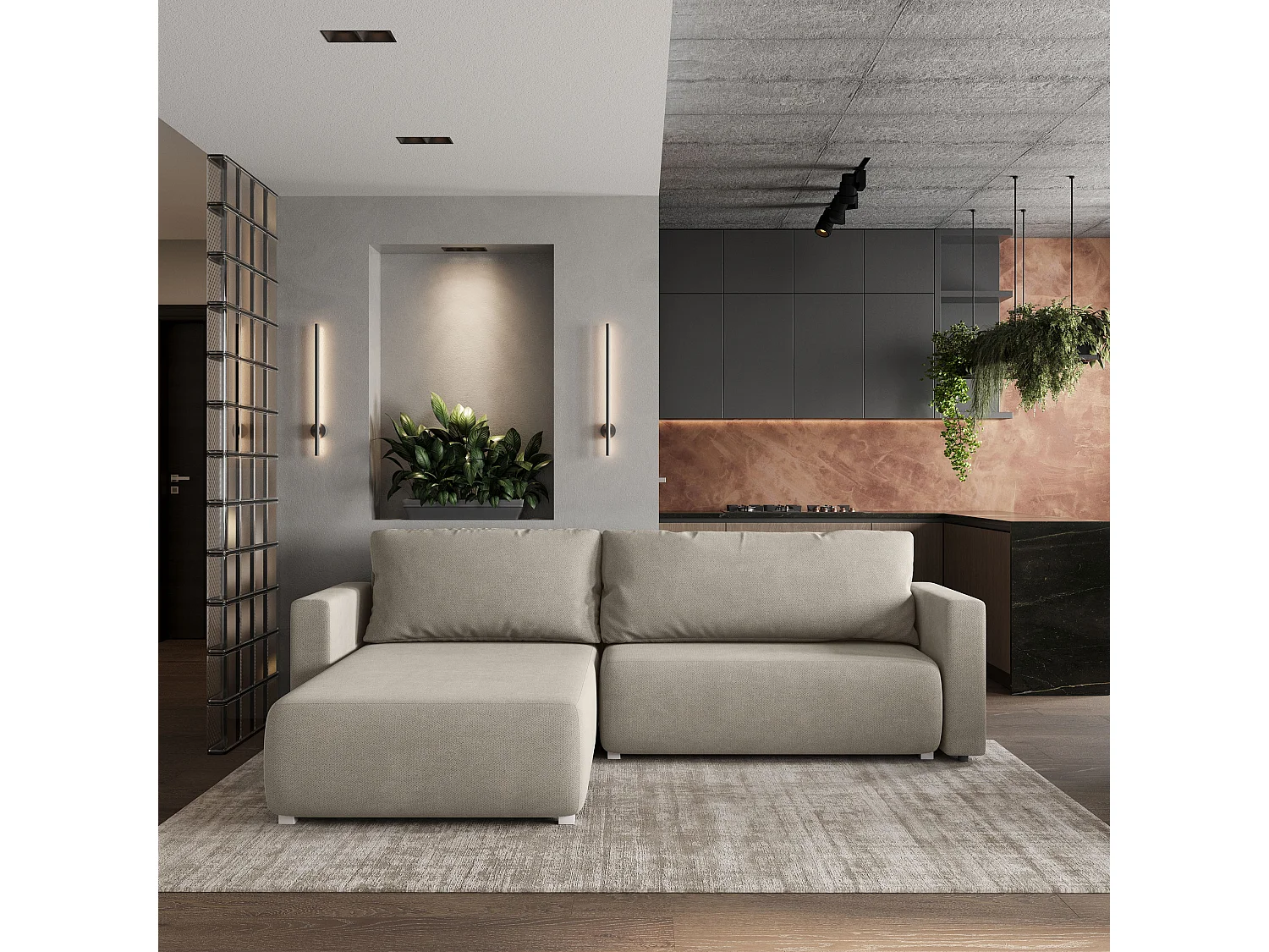 Hoekbank TURIN van fluweel met slaapfunctie Beige