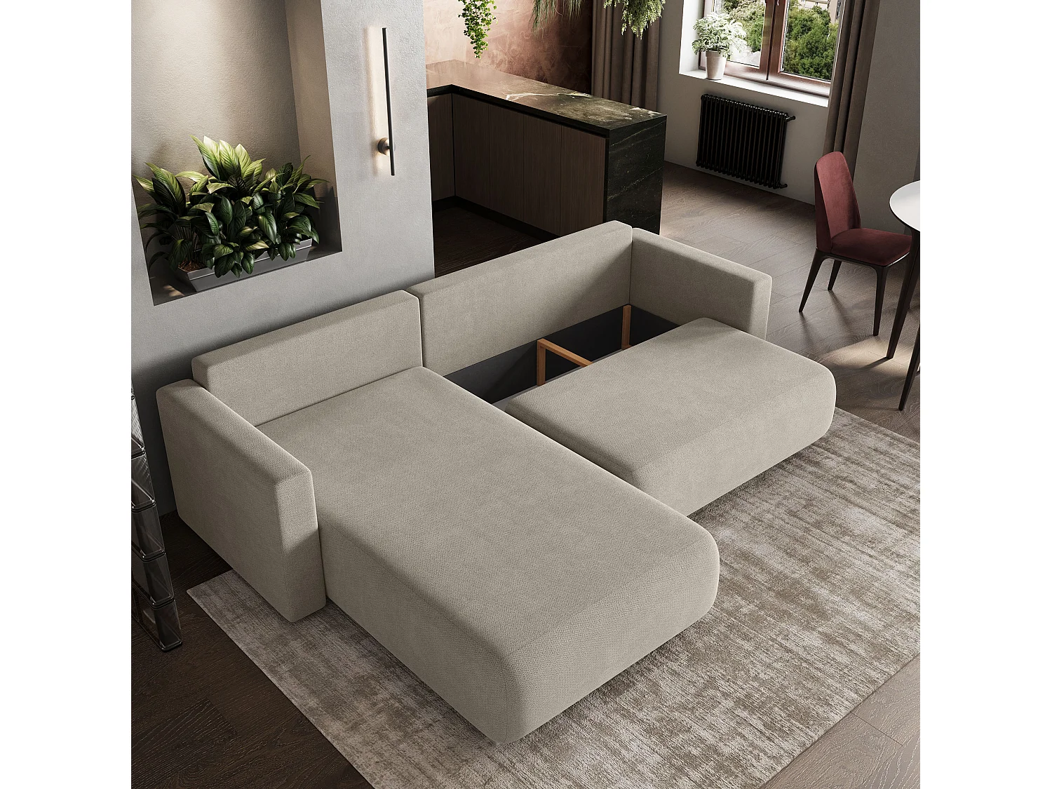 Hoekbank TURIN van fluweel met slaapfunctie Beige