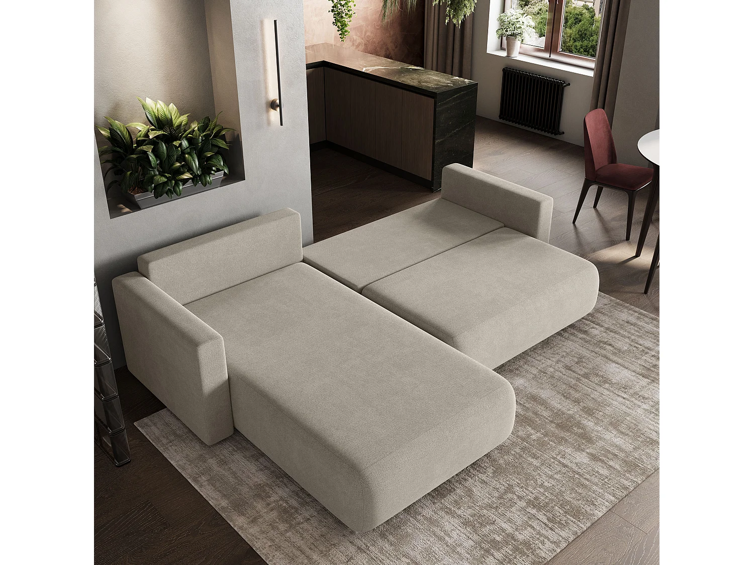 Hoekbank TURIN van fluweel met slaapfunctie Beige