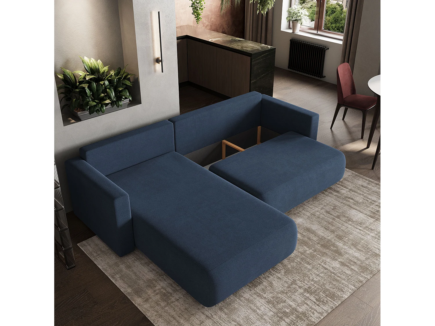 Hoekbank TURIN van fluweel met slaapfunctie Blau