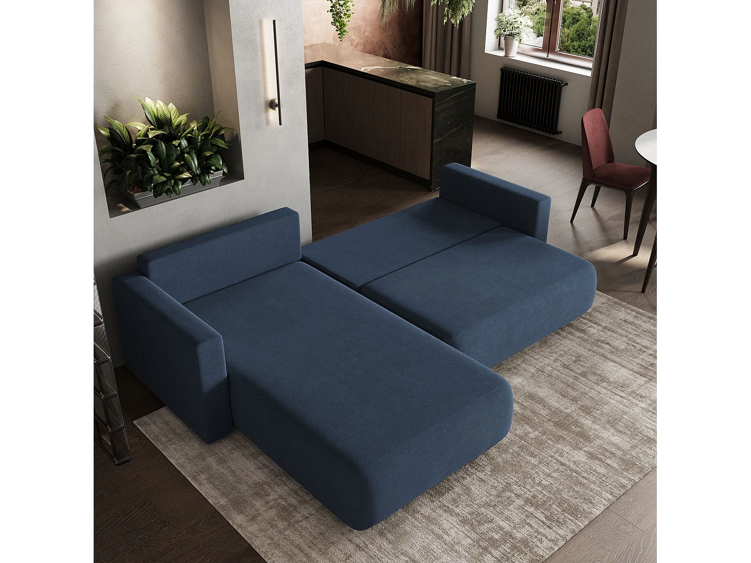 Hoekbank TURIN van fluweel met slaapfunctie Blau