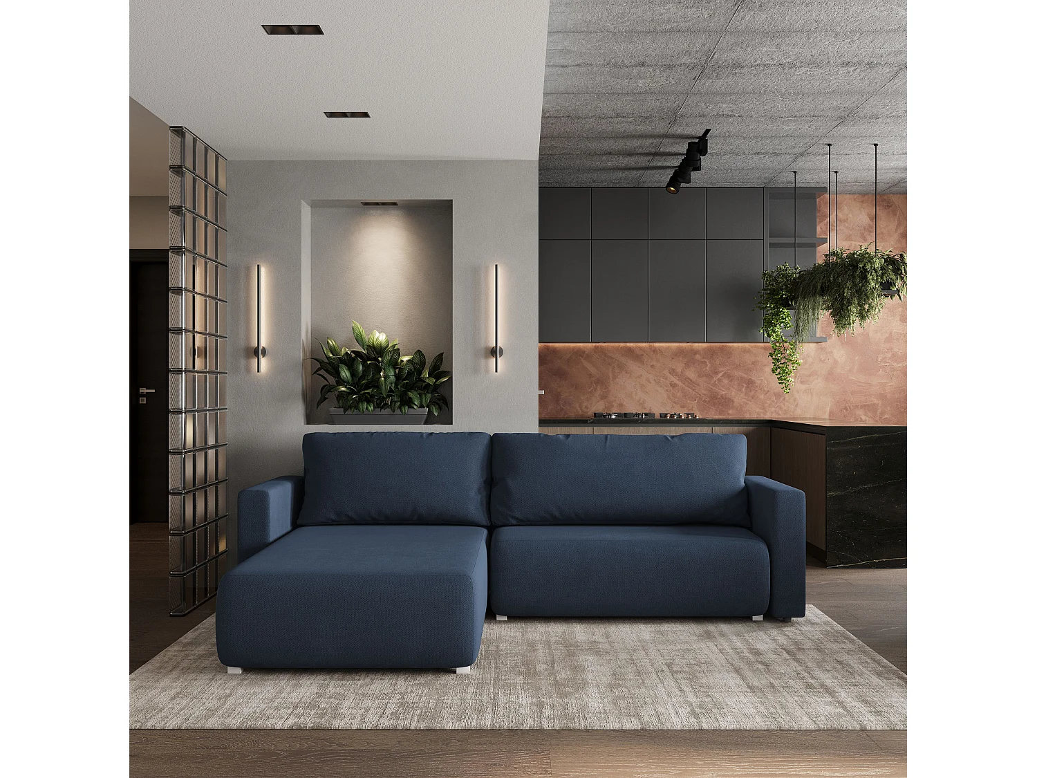 Hoekbank TURIN van fluweel met slaapfunctie Blau