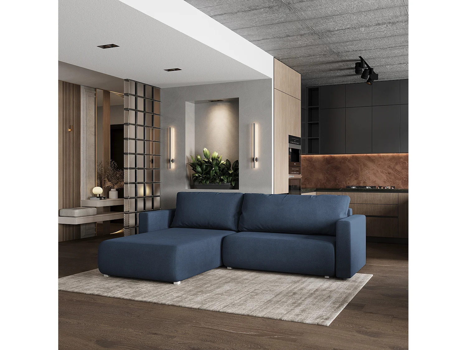 Hoekbank TURIN van fluweel met slaapfunctie Blau