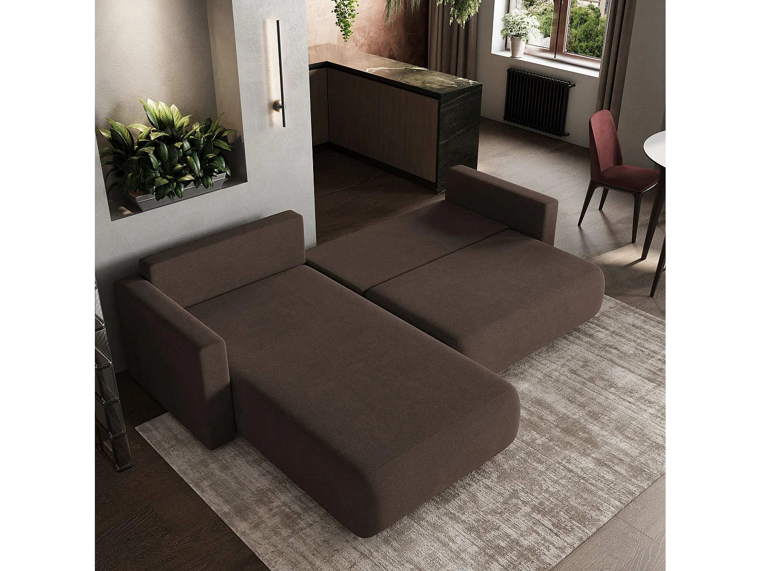 Hoekbank TURIN van fluweel met slaapfunctie Braun