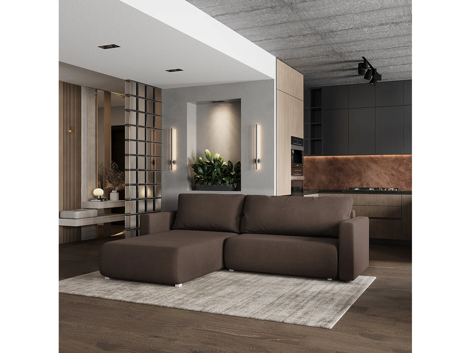 Hoekbank TURIN van fluweel met slaapfunctie Braun