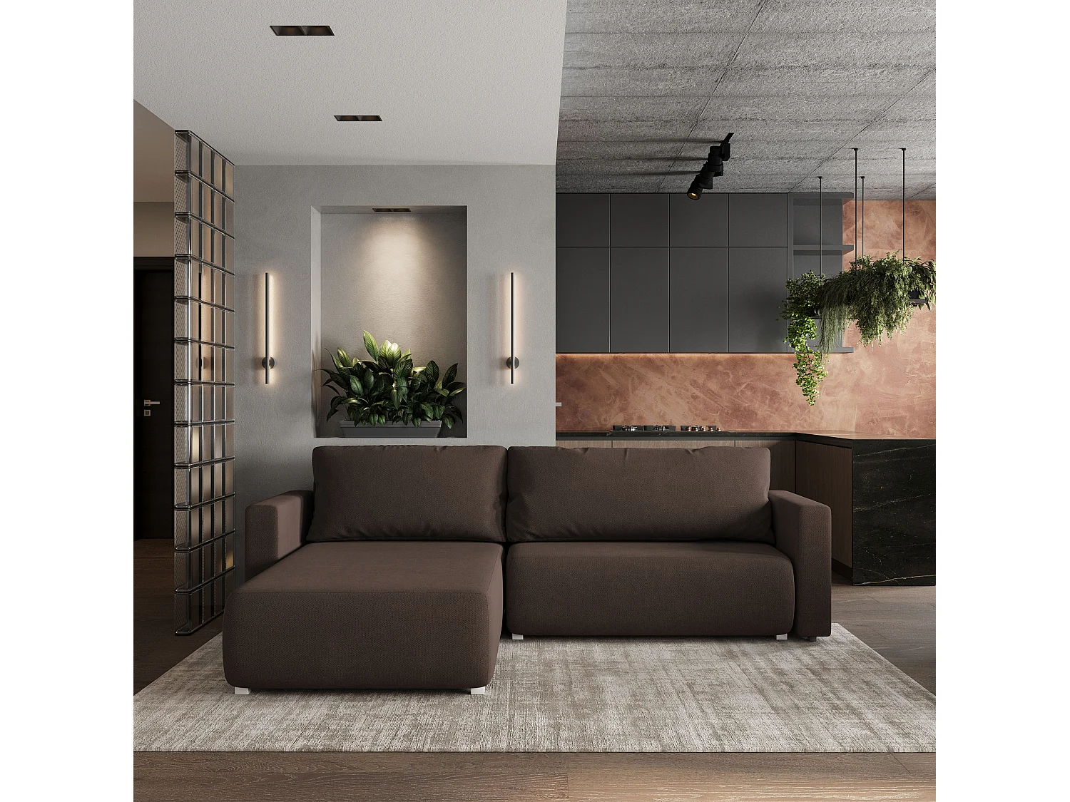 Hoekbank TURIN van fluweel met slaapfunctie Braun