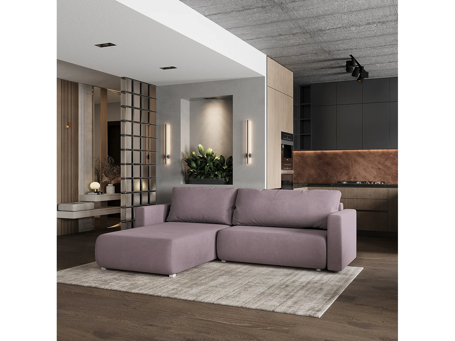 Canapé D'angle TURIN SR - Rosa, tissu tressé, Avec Fonction De Couchage