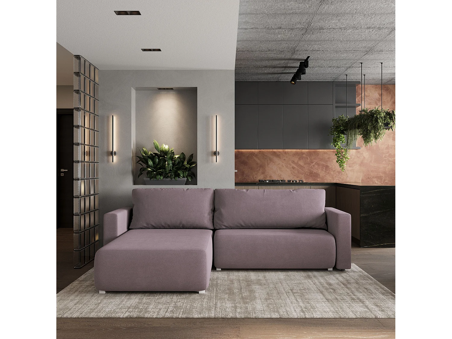 Canapé D'angle TURIN SR - Rosa, tissu tressé, Avec Fonction De Couchage