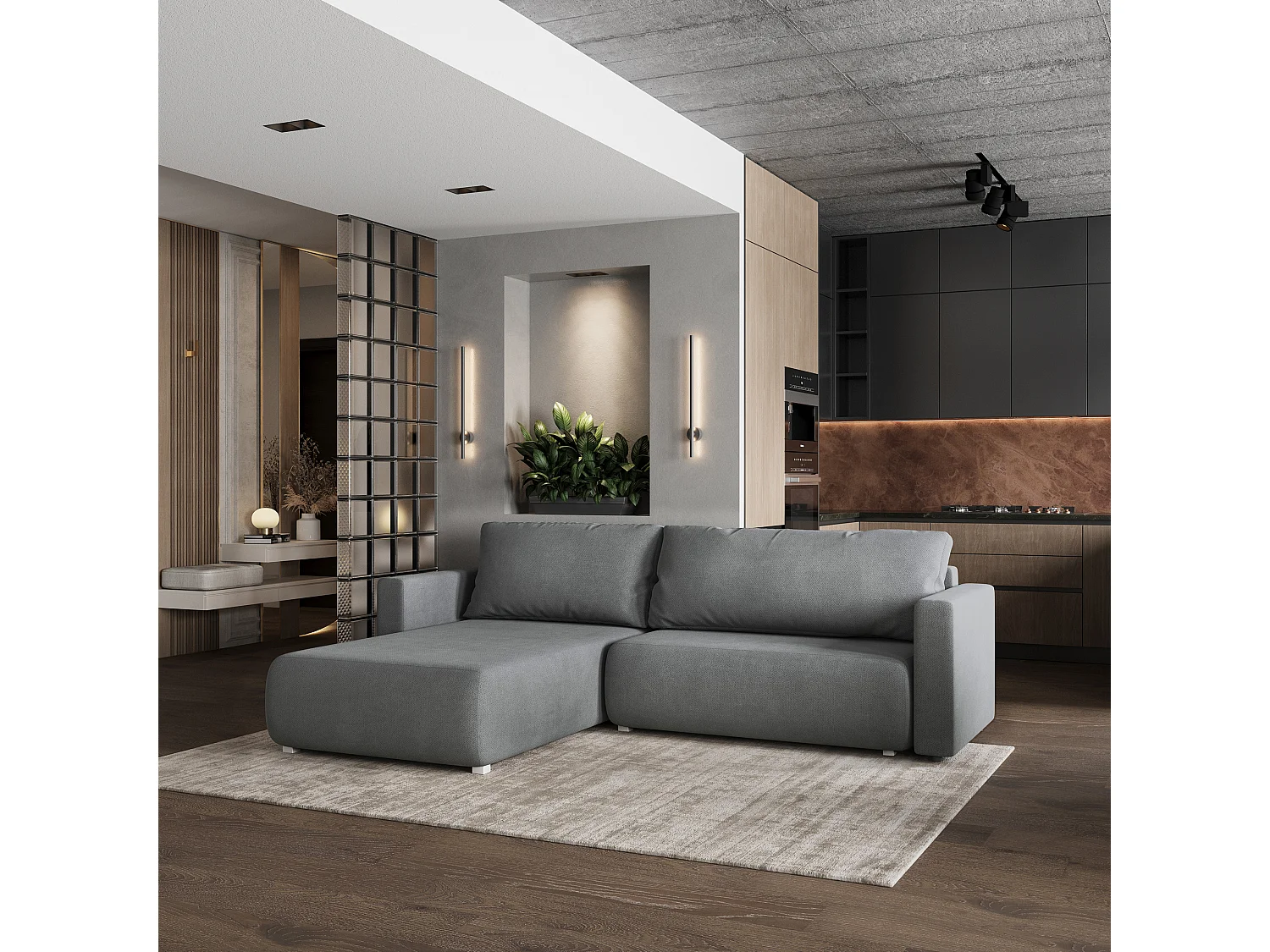 Hoekbank TURIN van fluweel met slaapfunctie Grau