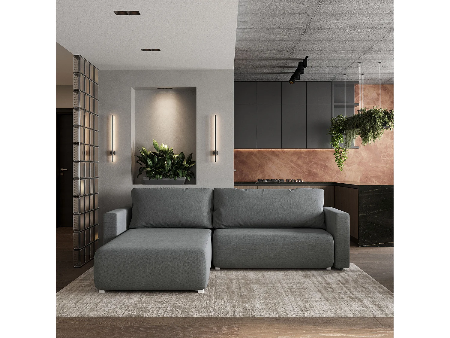 Hoekbank TURIN van fluweel met slaapfunctie Grau