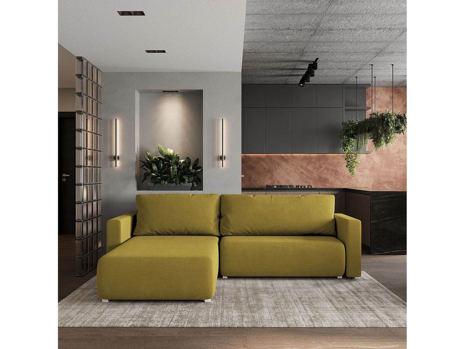 Hoekbank TURIN van fluweel met slaapfunctie Gelb