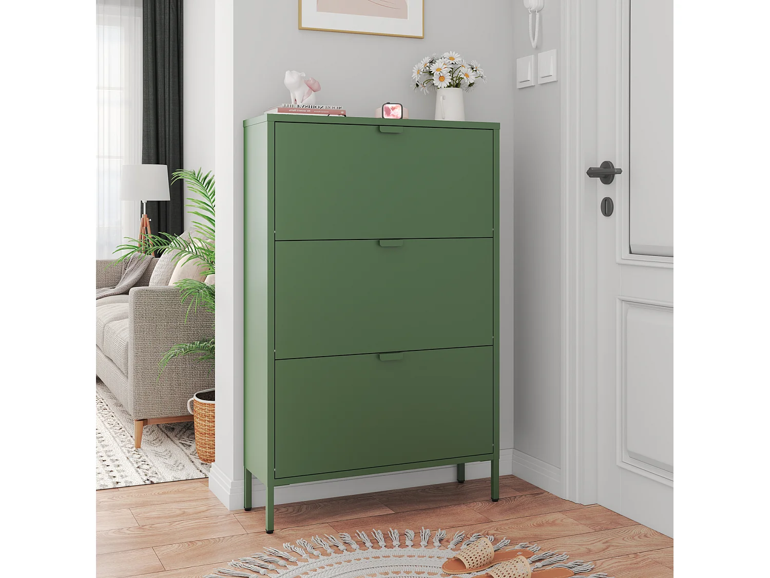 Meuble à chauure 3 porte en métal vert kaki MARION