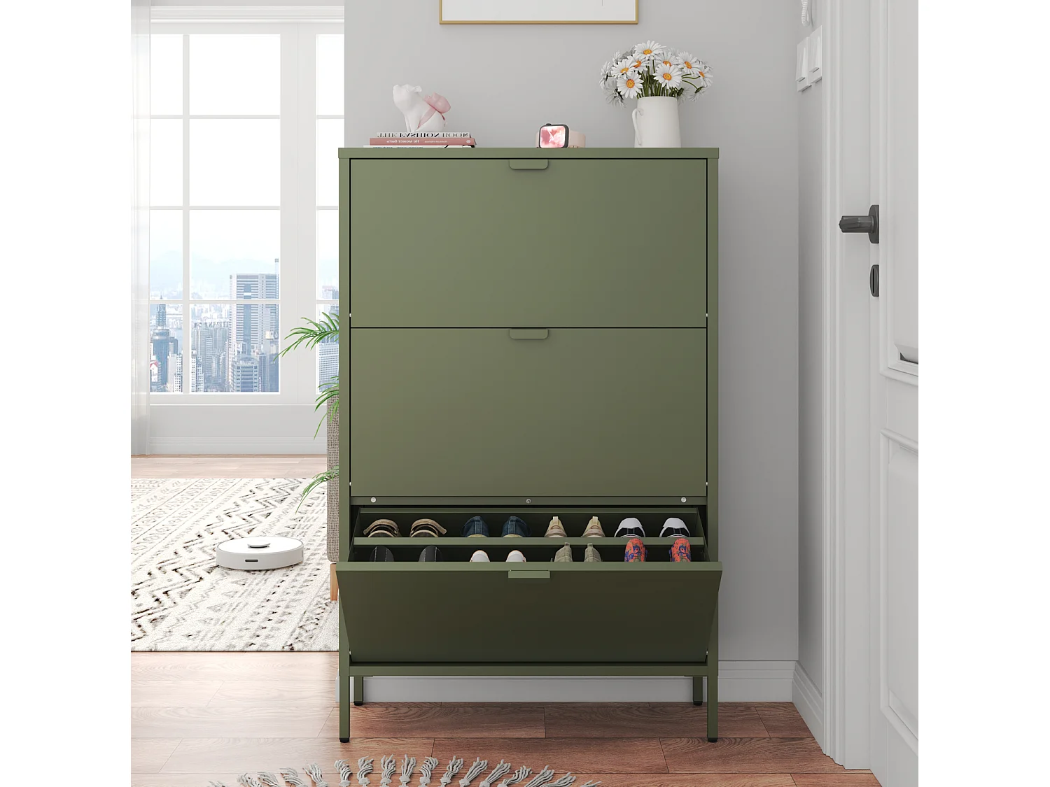 Meuble à chauure 3 porte en métal vert kaki MARION