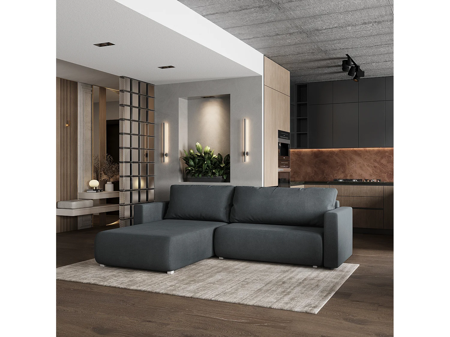 Hoekbank TURIN van fluweel met slaapfunctie Grau