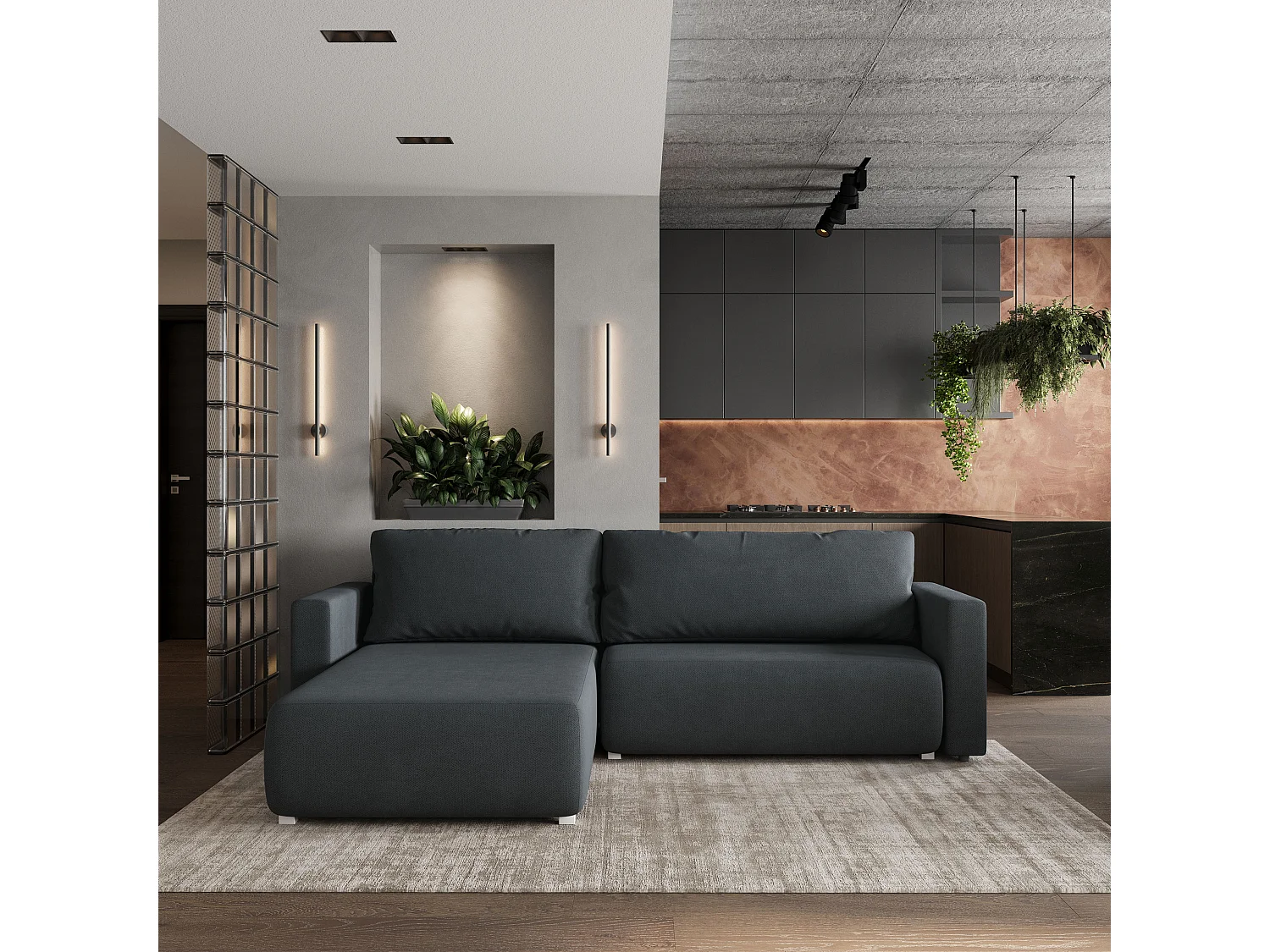Hoekbank TURIN van fluweel met slaapfunctie Grau