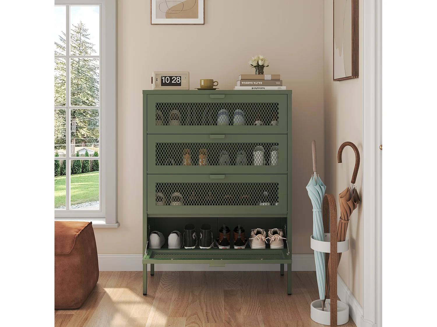 Meuble à chauure 4 porte en métal vert kaki EMMA