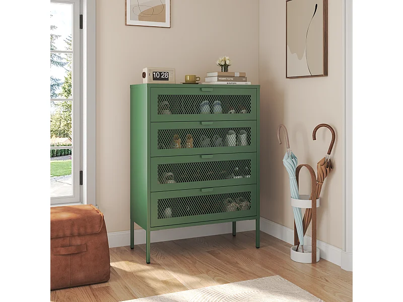 Meuble à chauure 4 porte en métal vert kaki EMMA