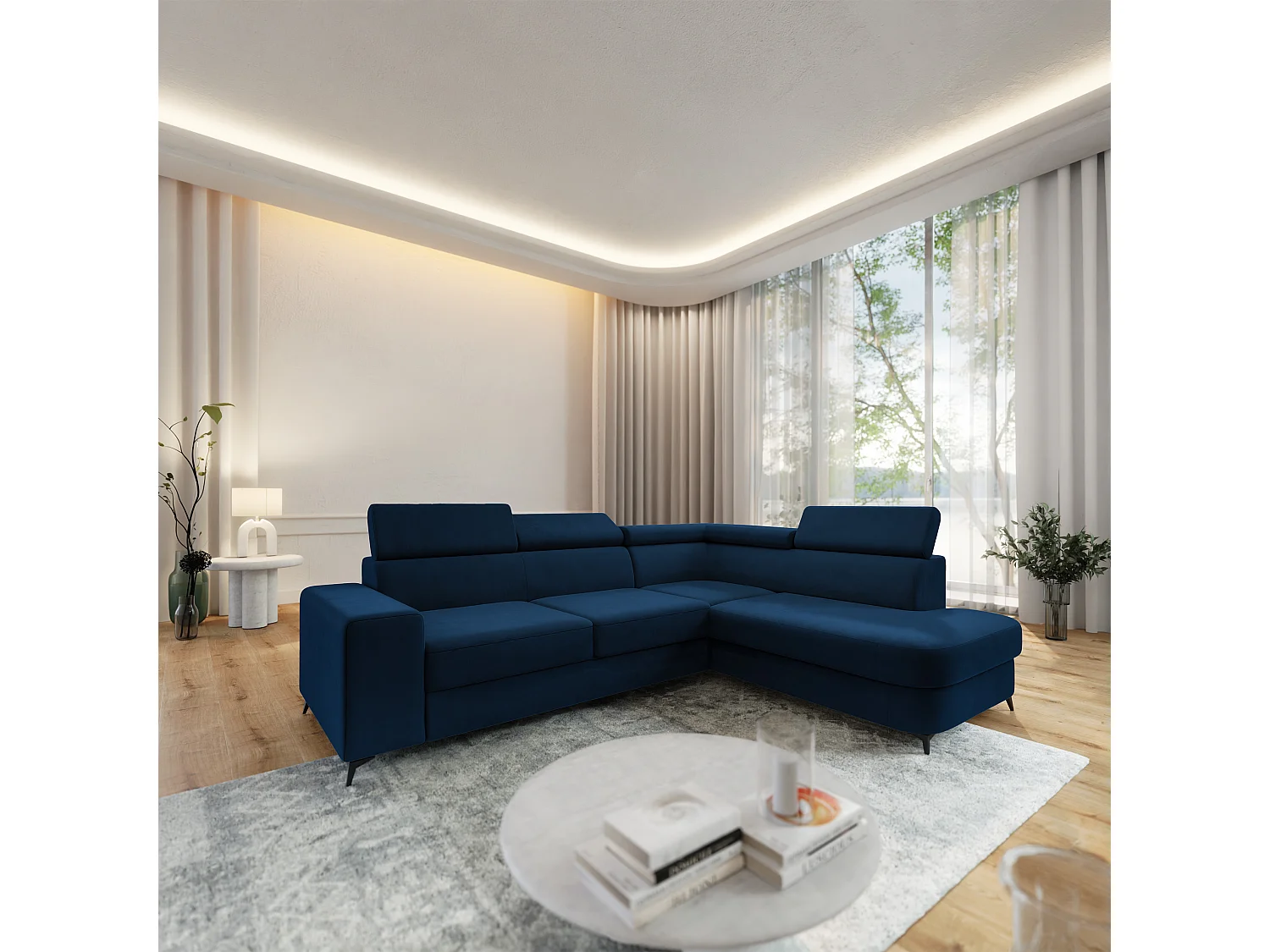 Hoekbank ALVORO van fluweel met slaapfunctie Blau