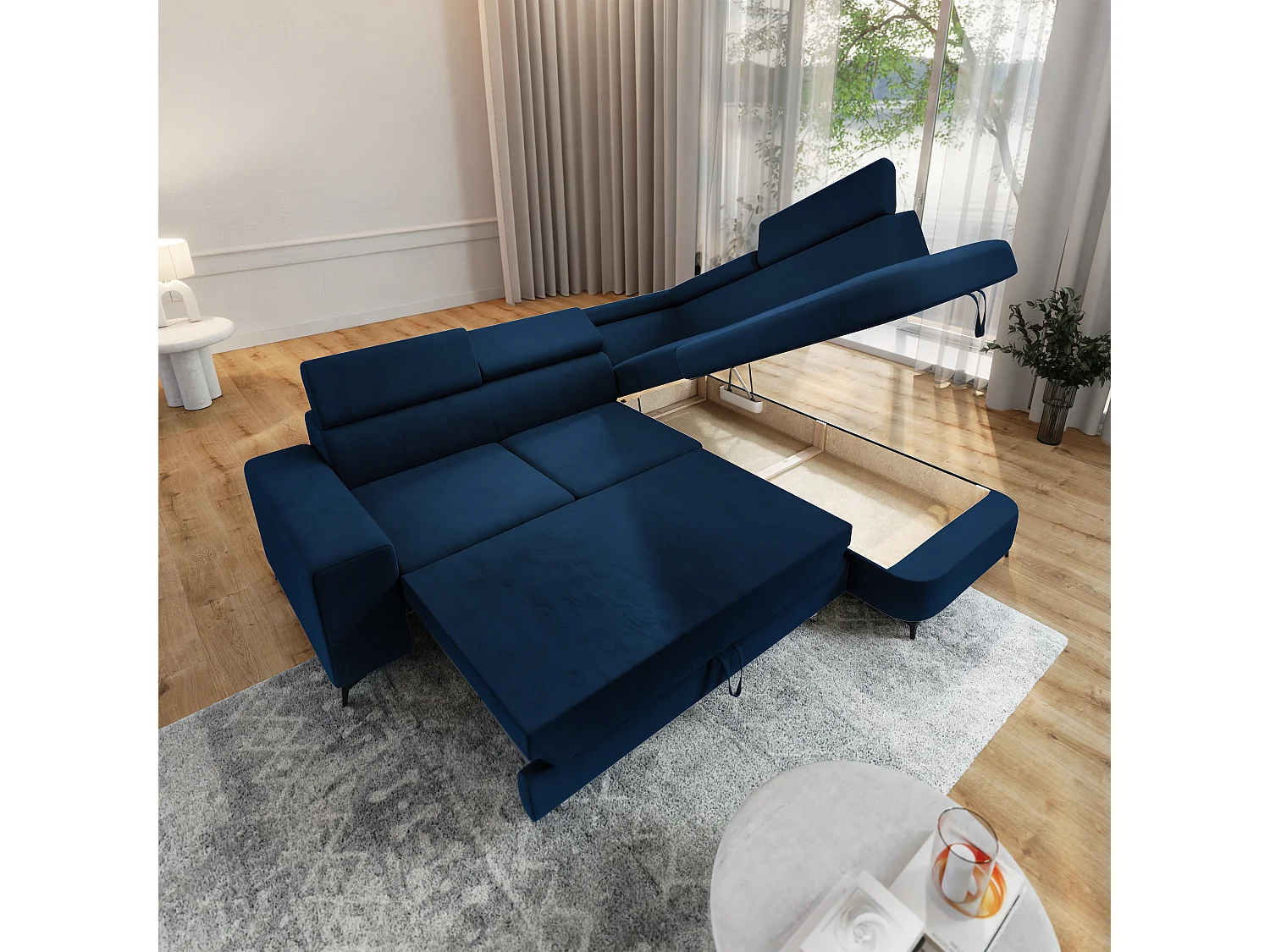 Hoekbank ALVORO van fluweel met slaapfunctie Blau