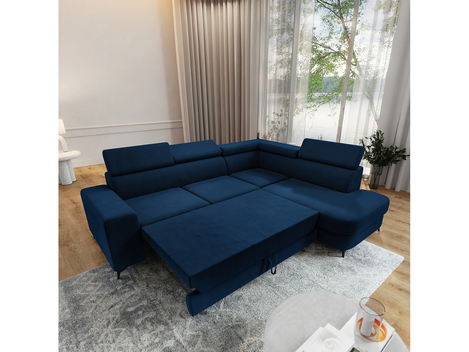 Hoekbank ALVORO van fluweel met slaapfunctie Blau