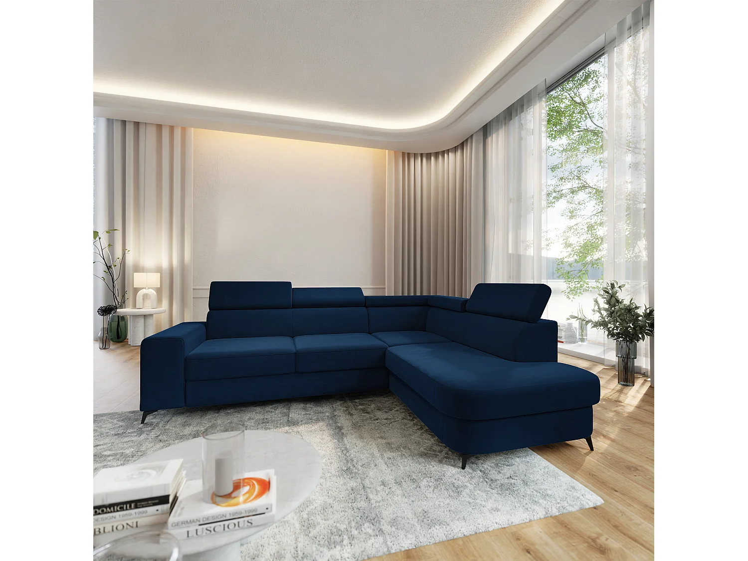 Hoekbank ALVORO van fluweel met slaapfunctie Blau