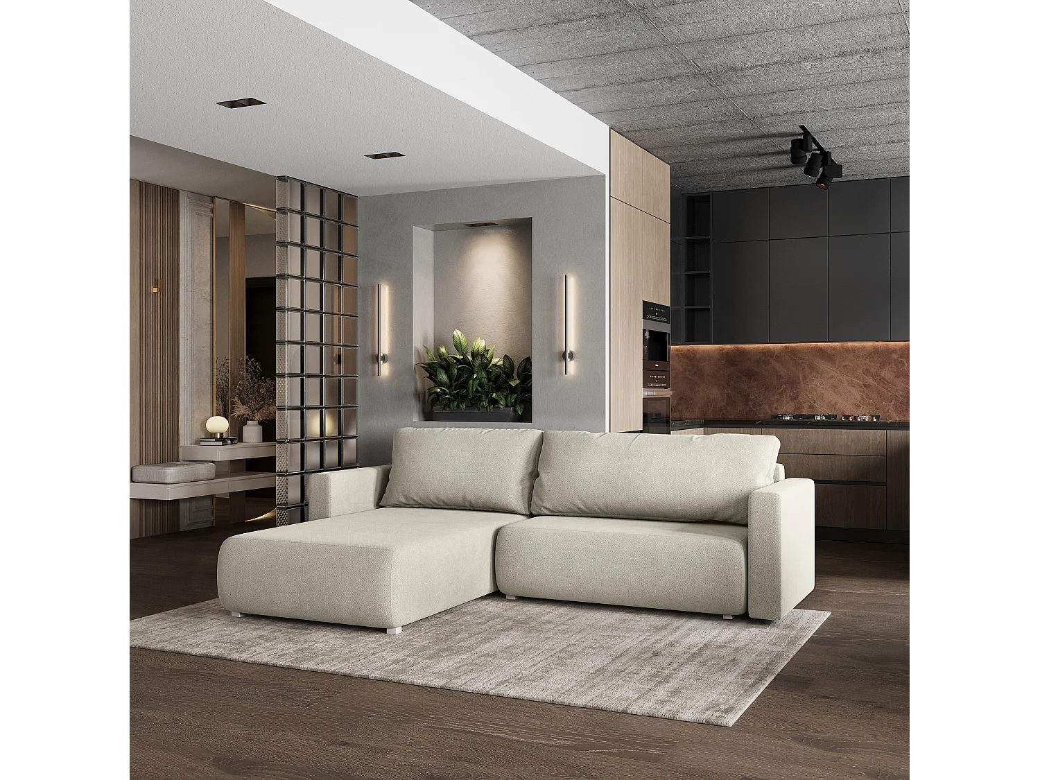 Hoekbank TURIN van fluweel met slaapfunctie Creme