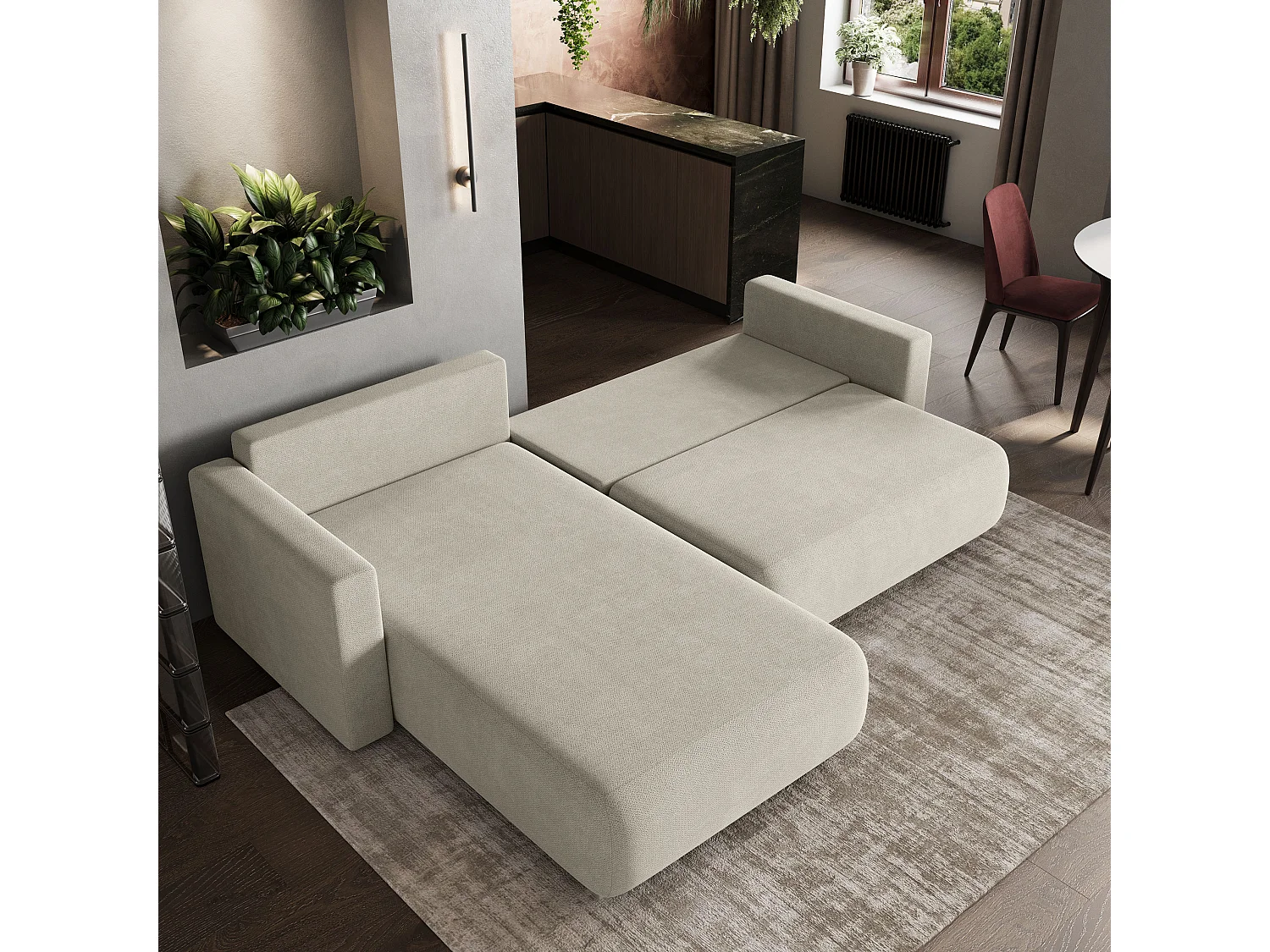 Hoekbank TURIN van fluweel met slaapfunctie Creme