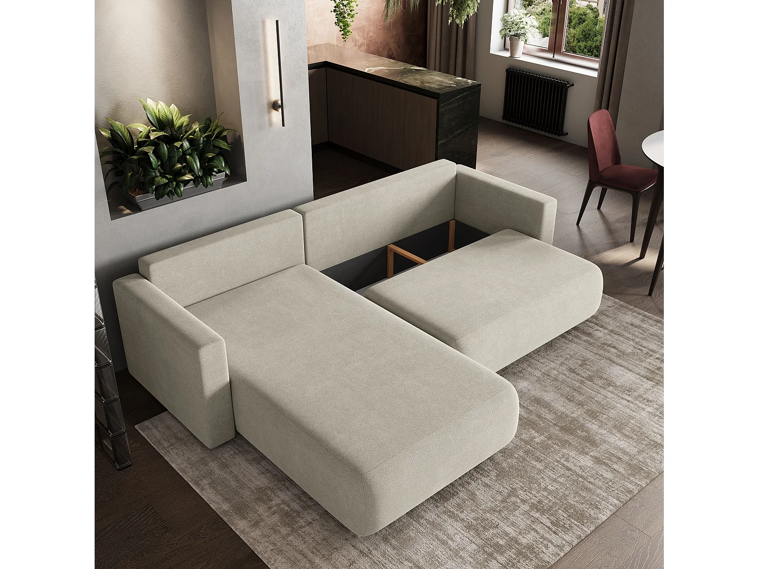 Hoekbank TURIN van fluweel met slaapfunctie Creme