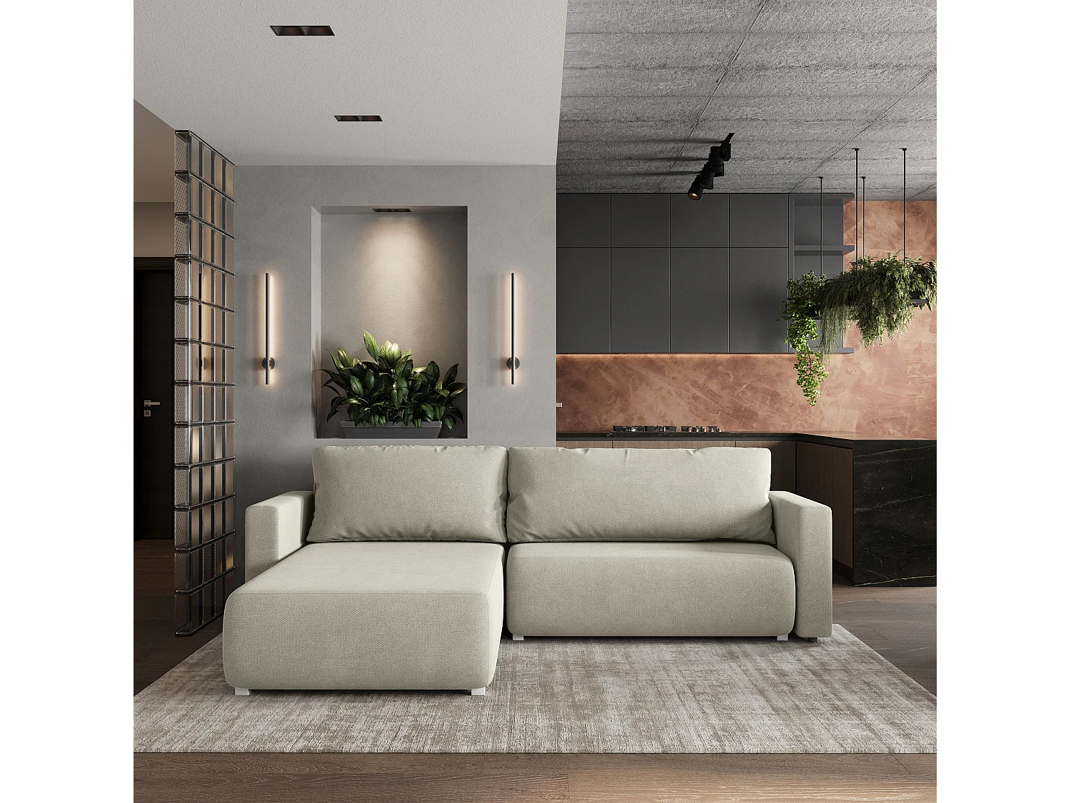 Hoekbank TURIN van fluweel met slaapfunctie Creme