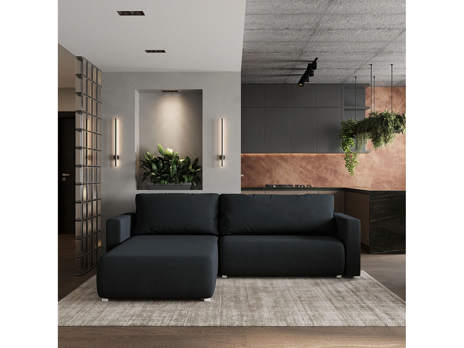 Hoekbank TURIN van fluweel met slaapfunctie Schwarz
